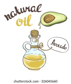Avocado oil, Glass Bottle, Vector illustration