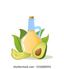 Avocado oil in glass bottle.Flat illustration vector isolated on white background.Organic healthy product.   Cosmetic product.