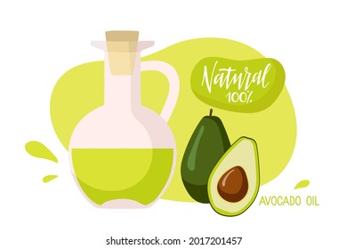 Avocado oil in glass bottles with whole and sliced fruits. Organic health care products. Healthy nutrition product. For cosmetics, spa and massage, for cooking cartoon style isolated on white.