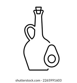 Aceite de aguacate, icono. Composición lineal con jarra de vidrio de aceite de aguacate y verdura en rodajas.  Aceite orgánico en recipiente vintage. Ilustración plana, trazos editables finos