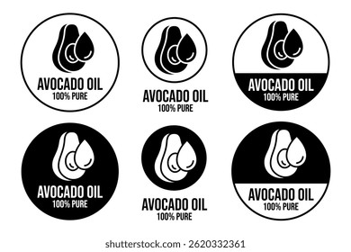 Avocado oil icon set. Avocado with oil drop label, logo, badge, sticker, symbol, emblem, stamp, circle, line, flat vector isolated on white background. Avocado oil label for product packaging design.