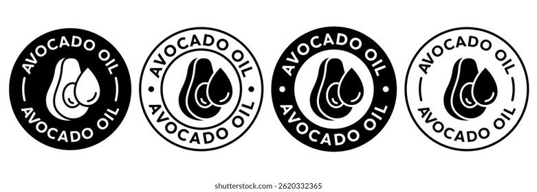 Avocado oil icon set. Avocado with oil drop label, logo, badge, sticker, symbol, emblem, stamp, circle, line, flat vector isolated on white background. Avocado oil label for product packaging design.