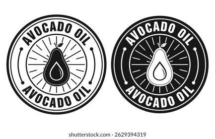 Conjunto de ícones de óleo abacate. Abacate com rótulo de gota de óleo, logotipo, emblema, adesivo, símbolo, emblema, selo, círculo, linha, vetor plano isolado no fundo branco