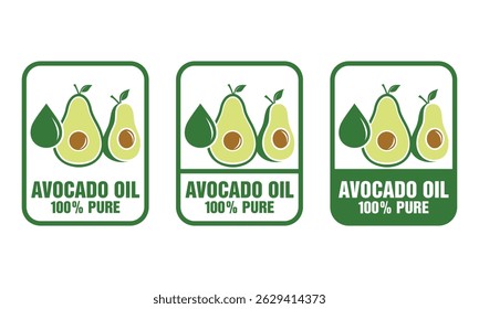 Conjunto de ícones de óleo abacate. Abacate com etiqueta de queda de óleo, vetor de design de logotipo. Etiqueta de óleo de abacate para design de embalagem de produto.