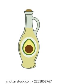 Avocado oil. Organic product bottle. Vector hand drawn illustration with hand written lettering for your design.