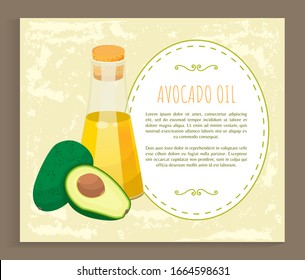 Avocado Oil Postcard With Recipe Template Icon. Glass Bottle Of Vitamin Liquid And Half Of Fresh Green Food. Card With Text Hair Treatment And Natural Cosmetic Symbol Isolated On White Vector