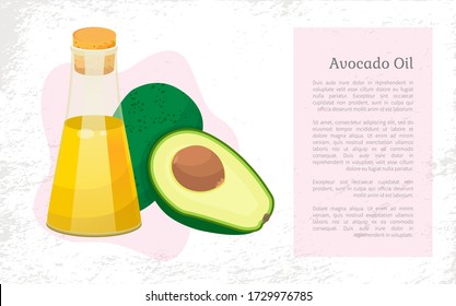 Avocado oil postcard with recipe template icon. Glass bottle of vitamin liquid and half of fresh green food. Card with text hair treatment and natural cosmetic symbol isolated on white vector