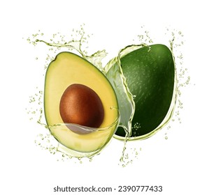 Avocado oil with splash and splatters. Fresh and ripe avocado halves with seed, natural oil or juice isolated realistic splash droplets, raw fruit or vegan healthy food 3d vector frozen motion ripples