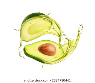 Avocado oil splash and splatters. Isolated 3d vector realistic fruit with liquid flow captured in mid-air motion, bring a burst of freshness and vibrancy, creating dynamic visual effect