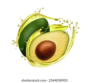 Avocado oil with splash and splatters. Isolated 3d vector realistic fruit with liquid flow captured in mid-air motion, giving a sense of freshness and vibrancy for food and health-related designs