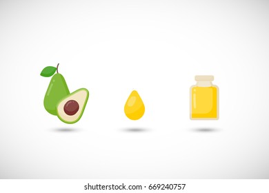 Avocado oil vector flat icons set, Flat design of food, cosmetology and skin care with round shadows, cute vector illustration