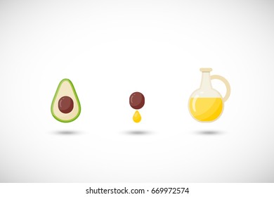 Avocado oil vector flat icons set, Flat design of food, cosmetology and skin care with round shadows, cute vector illustration