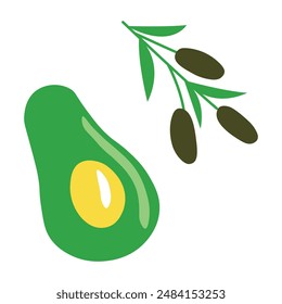 Avocado and Olive Branch Illustration flat doodle style green.