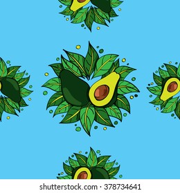 Avocado on a blue background seamless pattern.