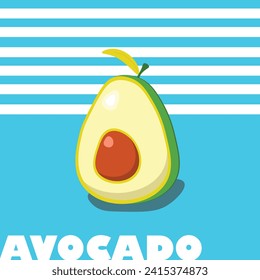Avocado on a blue background with text and white lines
