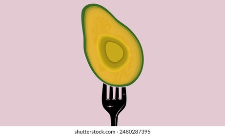 avocado on fork, flat color illustration