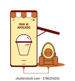 Avocado on mobile phone. Beverage online. Happy avocado day. Power up with avocado. Refreshing drink. Cute avocado style. Illustration vector.