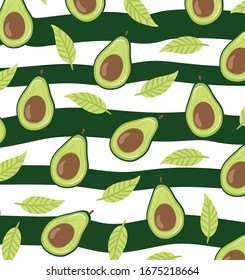Avocado on a striped background. Hot summer vegetarian barbecue concept. Avocado vector pattern background. 