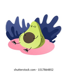 Avocado on vacation in nature. Vector illustration in flat style. Happy avocado, Emoji illustration

