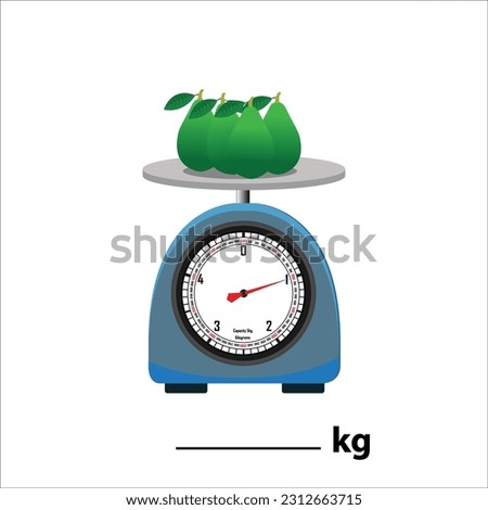 Avocado on weighing scale, isolate on white background. Weight balance vector illustration. Equilibrium comparison sign business concept. Food weight kitchen illustration.