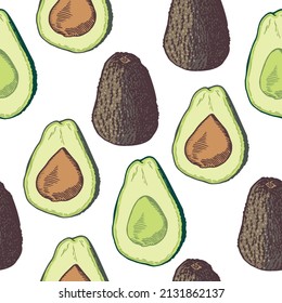 Avocado on a white background. Decorative seamless vector pattern.