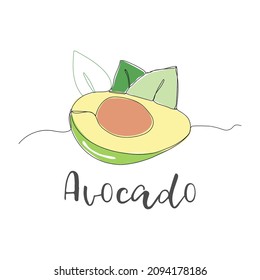 Avocado. One line drawing isolated on white background. Beautiful hand drawn design vector illustration for posters, wall art, tote bag, mobile case, t-shirt print. Icon. Menu. Food label