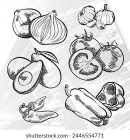 Avocado, onion, garlic, pepper, tomato, chili pepper vector illustration