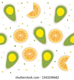 Avocado and Orange Vector Seamless Pattrern. Colorful tropical fruits seamless pattern.