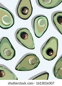 Avocado. Original simple illustration. Watercolor, oil painting. Hand drawn vector. A whole avocado, cut into slices, half an avocado with the pit. Tropical summer exotic fruits. Avocado background