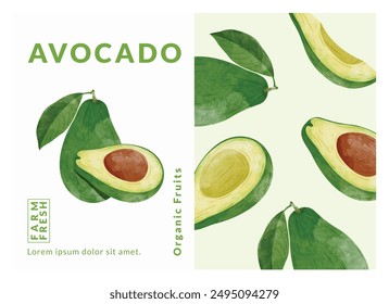 Avocado packaging design templates, watercolour style vector illustration.