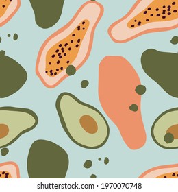 Avocado and papaya on the seamless pattern, hand drawn fruits, abstract fruits