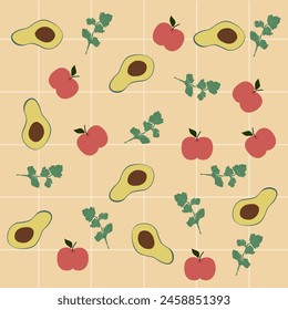Avocado, Parsley and apple pattern on yellow background. Breakfast pattern for wallpaper, surface design and fabric pattern