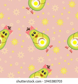 Avocado pattern. Cute, funny fruits with bows and daisies. Stars on a pink background. Seamless and endless for textiles. Vector