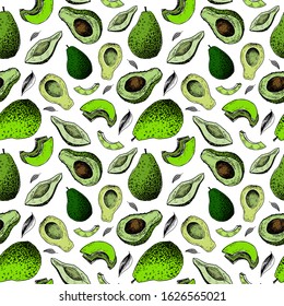 Avocado pattern. Hand drawn green avocado on transparent background. Seamless vector backdrop.