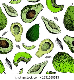 Avocado pattern. Hand drawn green avocado on transparent background. Seamless vector backdrop.