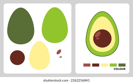 Patrón de aguacate para artesanías infantiles o artesanías de papel. Ilustración vectorial del rompecabezas del fruto del aguacate. patrón de corte y pegamento