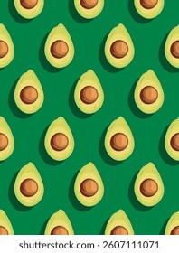 Avocado pattern on green background. Minimal flat lay style. Top view. Vector illustration