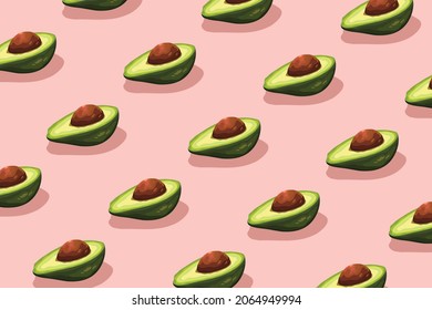 Patrón de aguacate sobre fondo rosado. Estilo de estrado plano mínimo