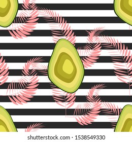 Avocado pattern with palm leaves. Tropical summer fruit engraved style background. Stripe