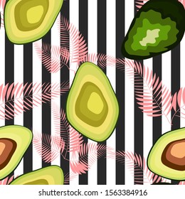 Avocado pattern with palm leaves. Tropical summer fruit engraved style background. Stripe