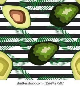 Avocado pattern with palm leaves. Tropical summer fruit engraved style background. Stripe