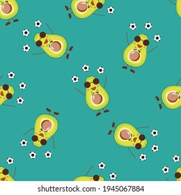 Avocado pattern. Seamless background from funny exotic fruits. cartoon style. With glasses and a soccer ball. Green background. For textiles, children's patterns, clothes, linen, covers, packaging.