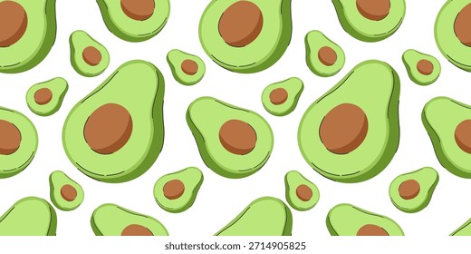 Avocado pattern with sliced avocados with pits on  white background. Bright green colors and simple shapes - healthy food branding, packaging, textile prints, kitchen decor, wallpapers, stationery. 
