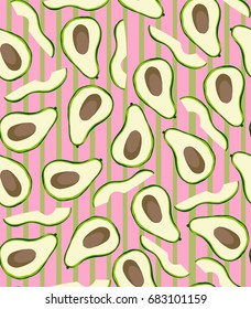 Avocado pattern. Tropical summer fruit engraved style background. Stripe background