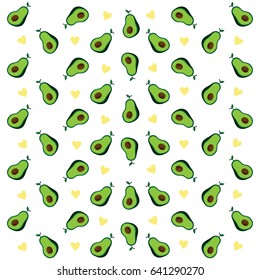 Avocado pattern, vector illustration doodle cartoon drawing, seamless pattern with half of green avocado and little yellow hearts.