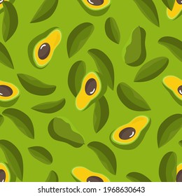 Avocado pattern vector illustration. Seamless pattern of tropical, exotic fruits and leaves. A green, ripe, half, vegan plant for breakfast, diet, nutrition. Repeating ornament for kitchen textiles.