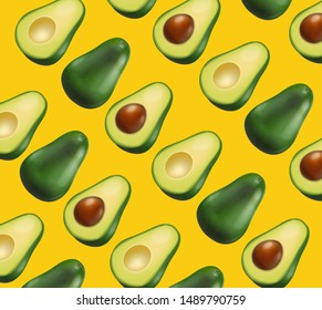 Avocado pattern vector realistic. Yellow bright background. 3d illustration