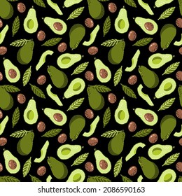 Avocado pattern. Vegetable seamless green organic summer print. Cartoon repeat fabric exotic black backdrop.