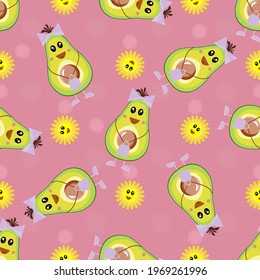 Avocado patterns, seamless vector illustration. Repetitive background of funny tropical fruits for the kids. Textiles and fabrics for baby. Half an avocado. Healthy vegetarian food for diet. Design