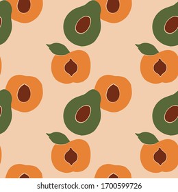Avocado and peach vector seamless pattern. Vegan, farm, natural food illustration. Natural and healthy nutrition. Hand draw vector illustration on isolated peachy background. Flat fruits background.